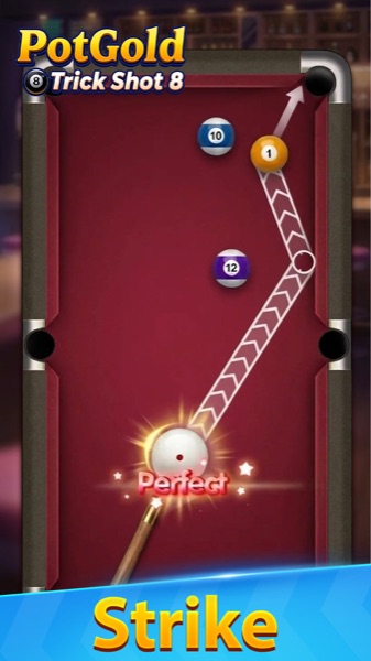 PotGold Trick Shot 8 screenshot: trick shot with trajectory path and Perfect feedback
